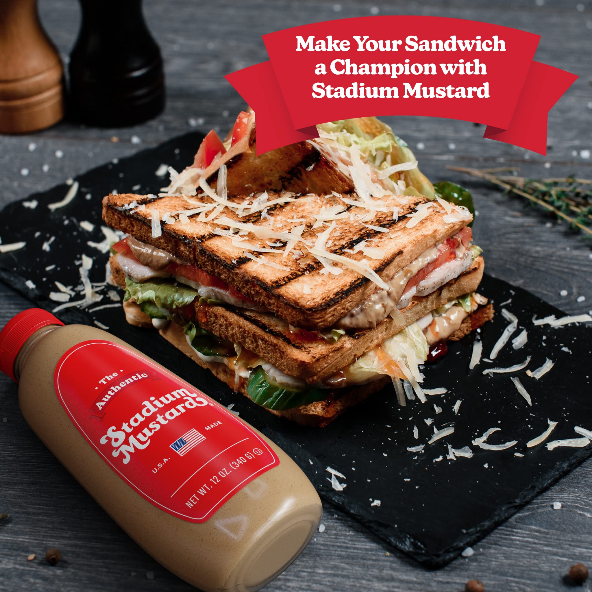 The Authentic Stadium Mustard on a hot dog with bun, adds bold stadium flavor