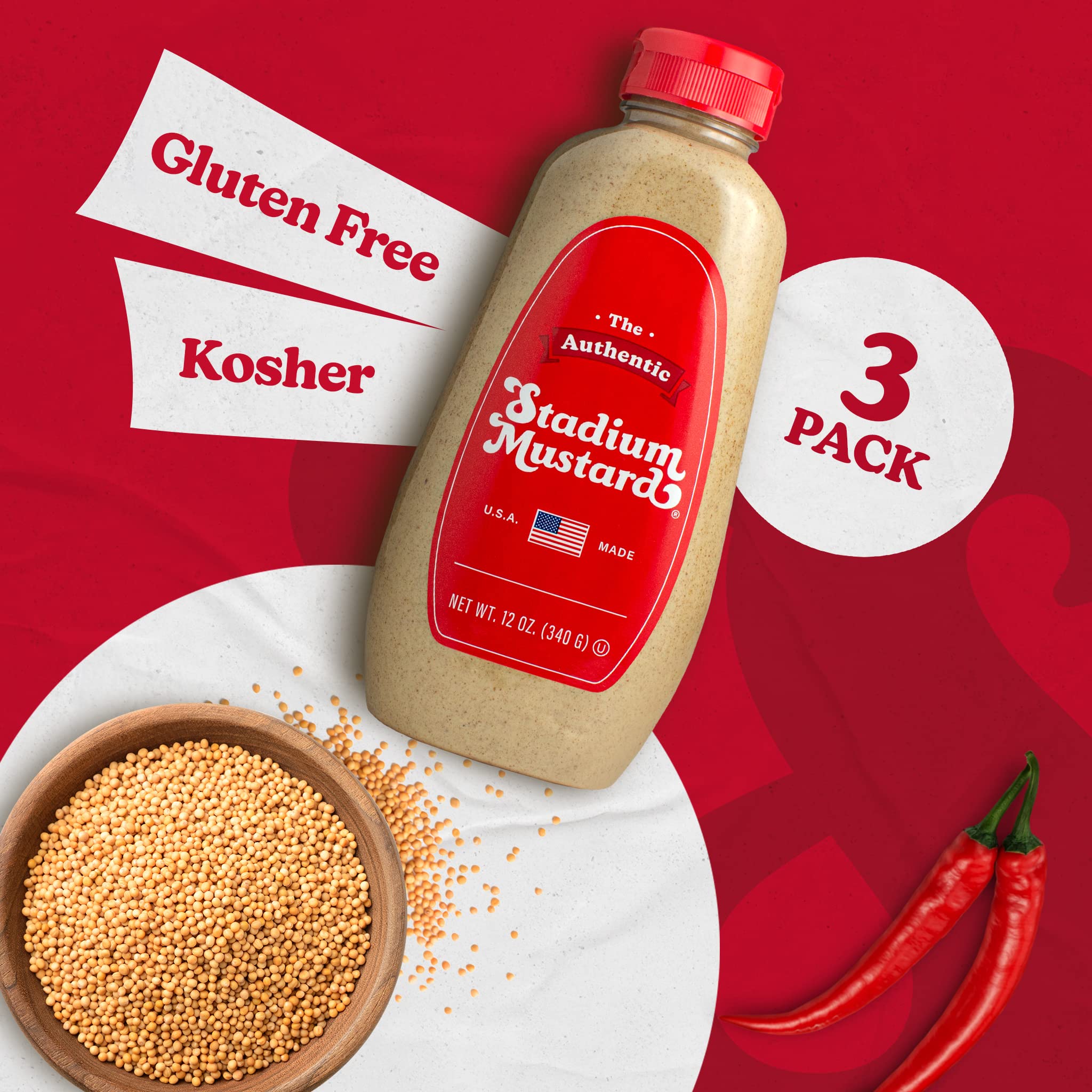 Pouring The Authentic Stadium Mustard thick texture from bottle, shows easy squeeze use