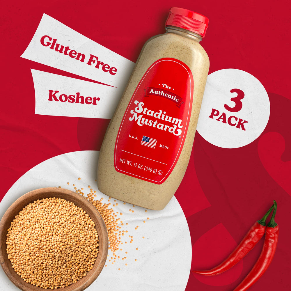 Pouring The Authentic Stadium Mustard thick texture from bottle, shows easy squeeze use