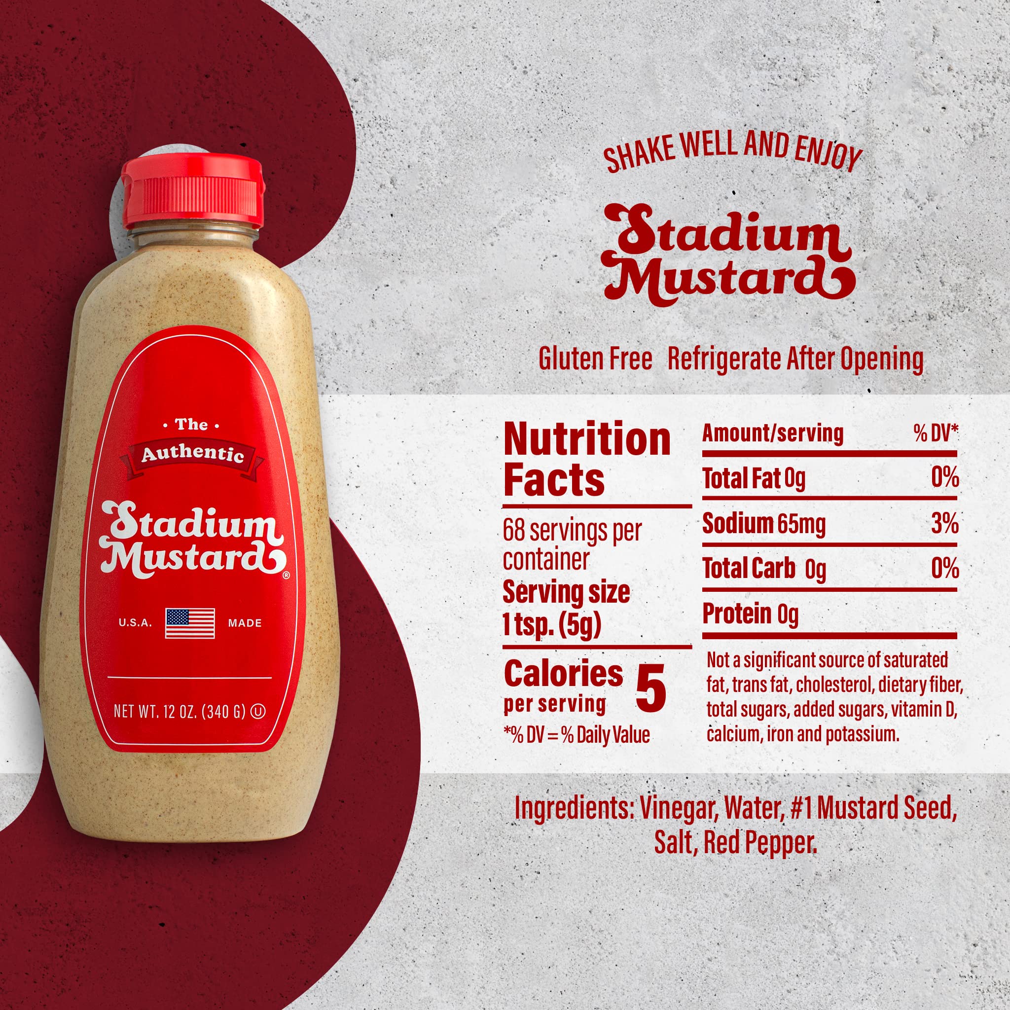 The Authentic Stadium Mustard next to a ruler for size comparison, clarifies 12oz bottle