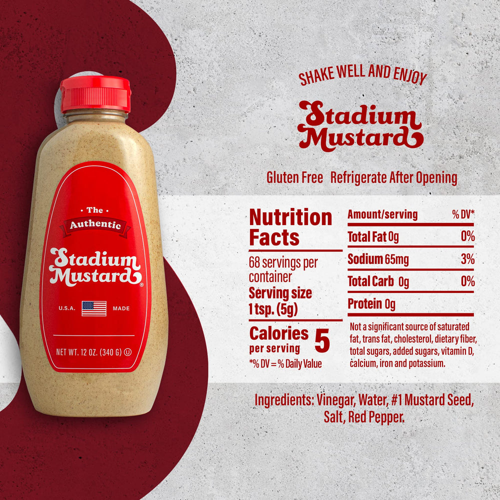 The Authentic Stadium Mustard next to a ruler for size comparison, clarifies 12oz bottle