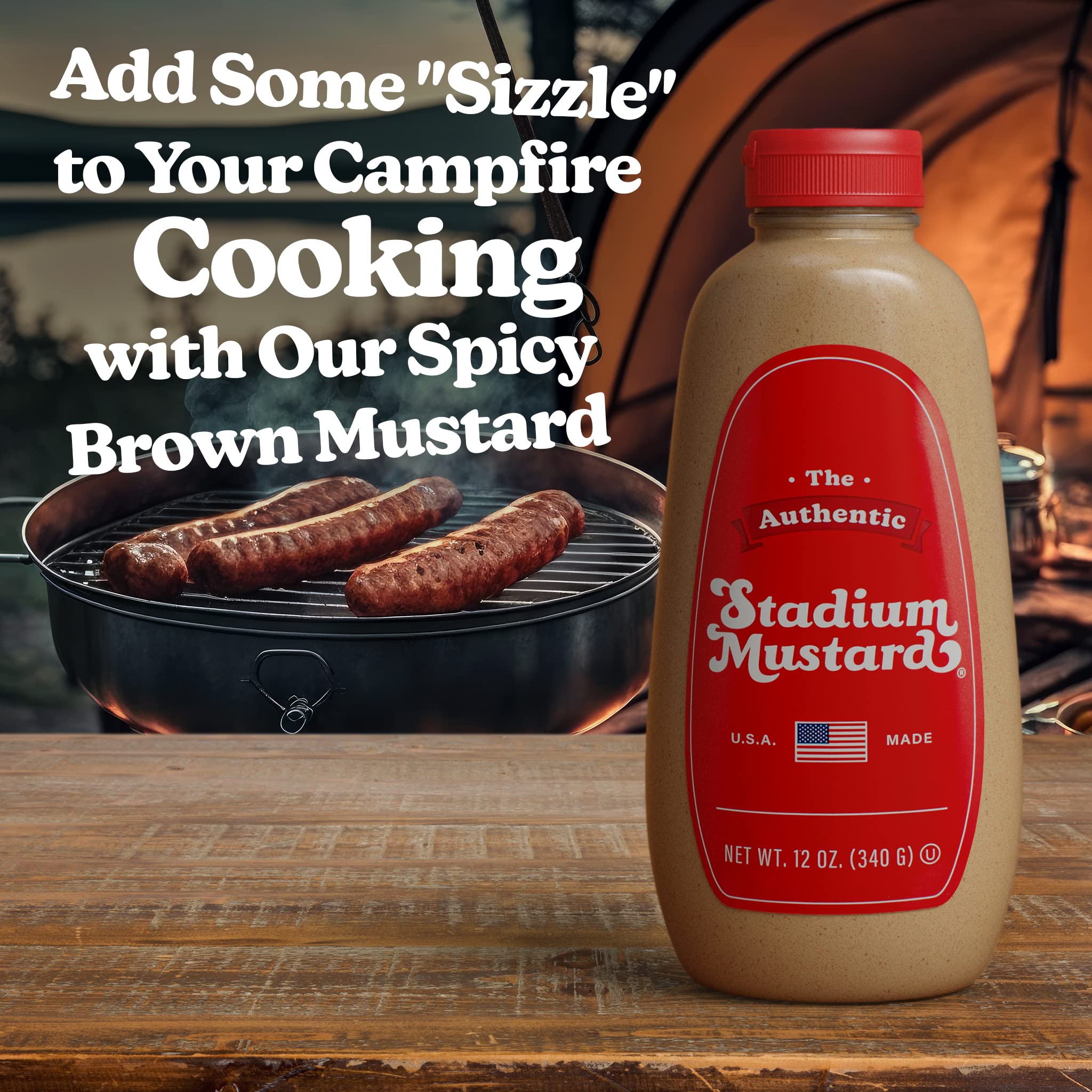 The Authentic Stadium Mustard served with burgers on a plate, elevates backyard grilling