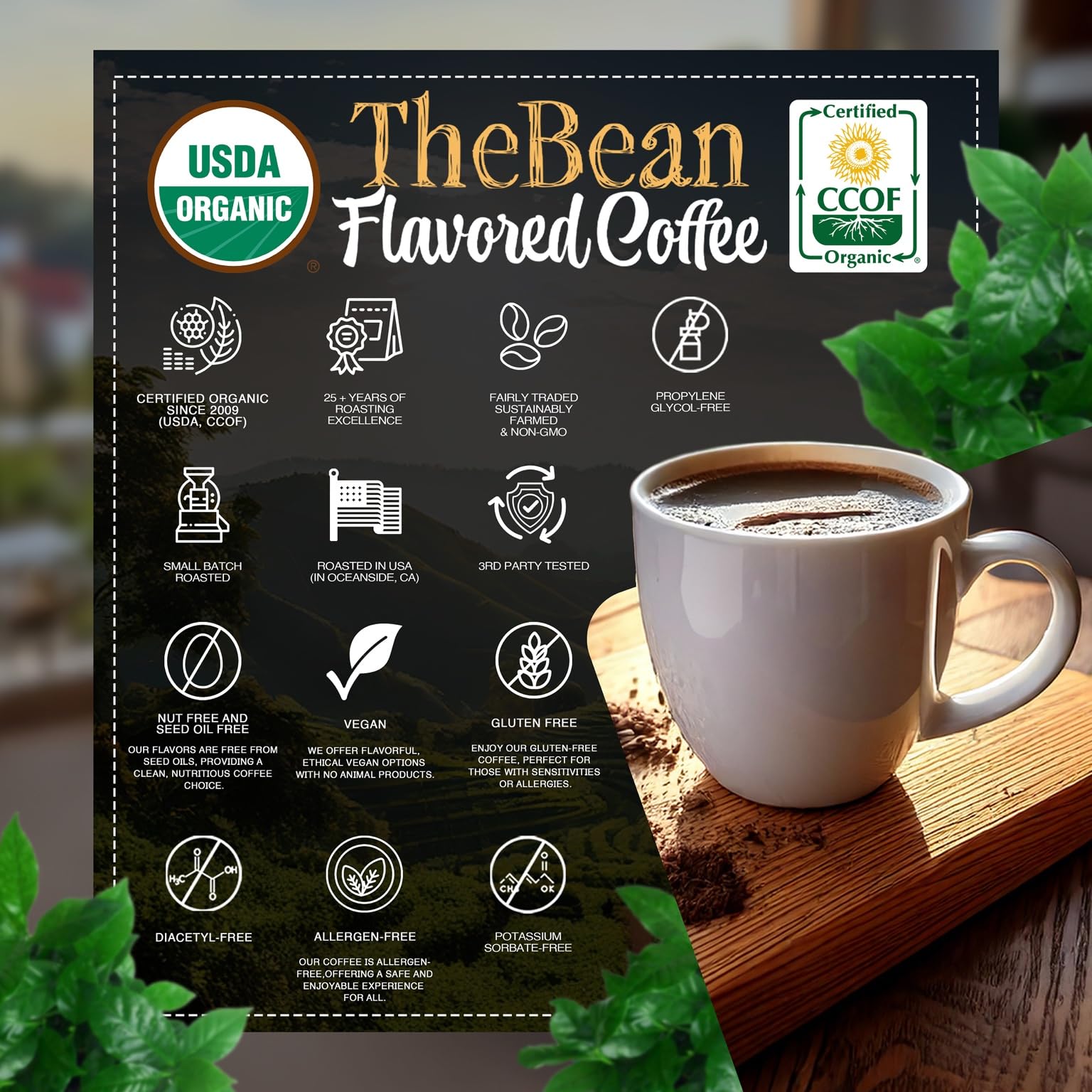 The Bean 16 oz bag open to reveal fresh grounds, communicates freshness and sealed packaging benefit