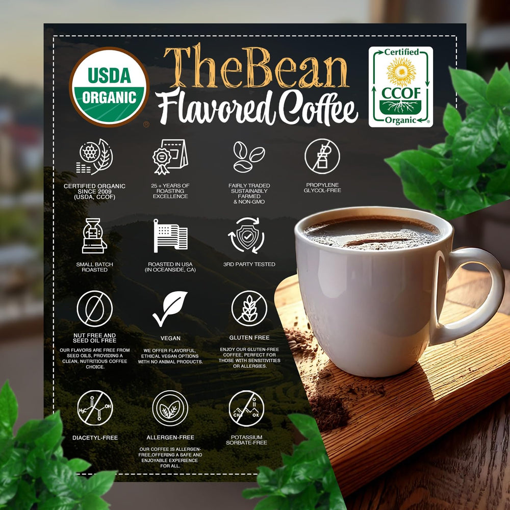 The Bean 16 oz bag open to reveal fresh grounds, communicates freshness and sealed packaging benefit