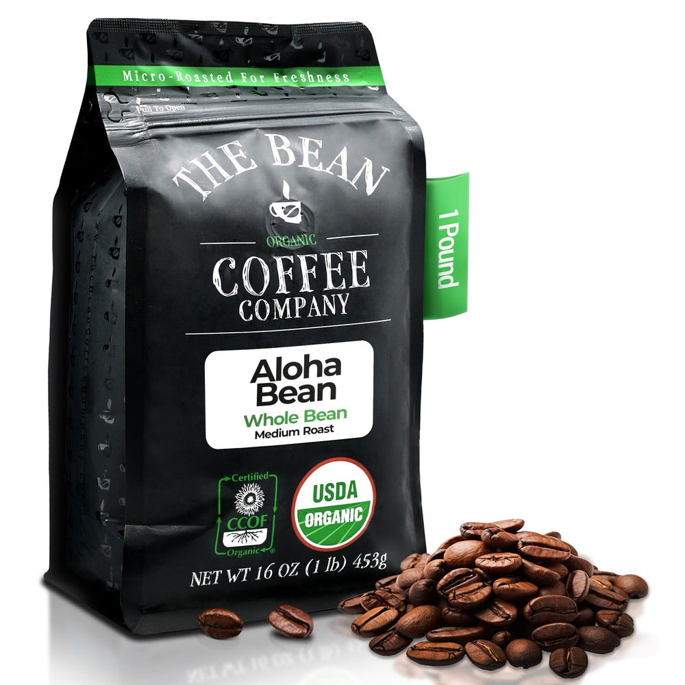 The Bean Coffee Company front packaging showing organic hazelnut whole bean benefits