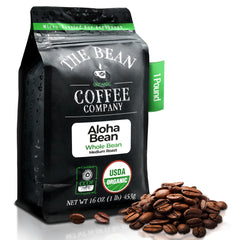The Bean Coffee Company front packaging showing organic hazelnut whole bean benefits