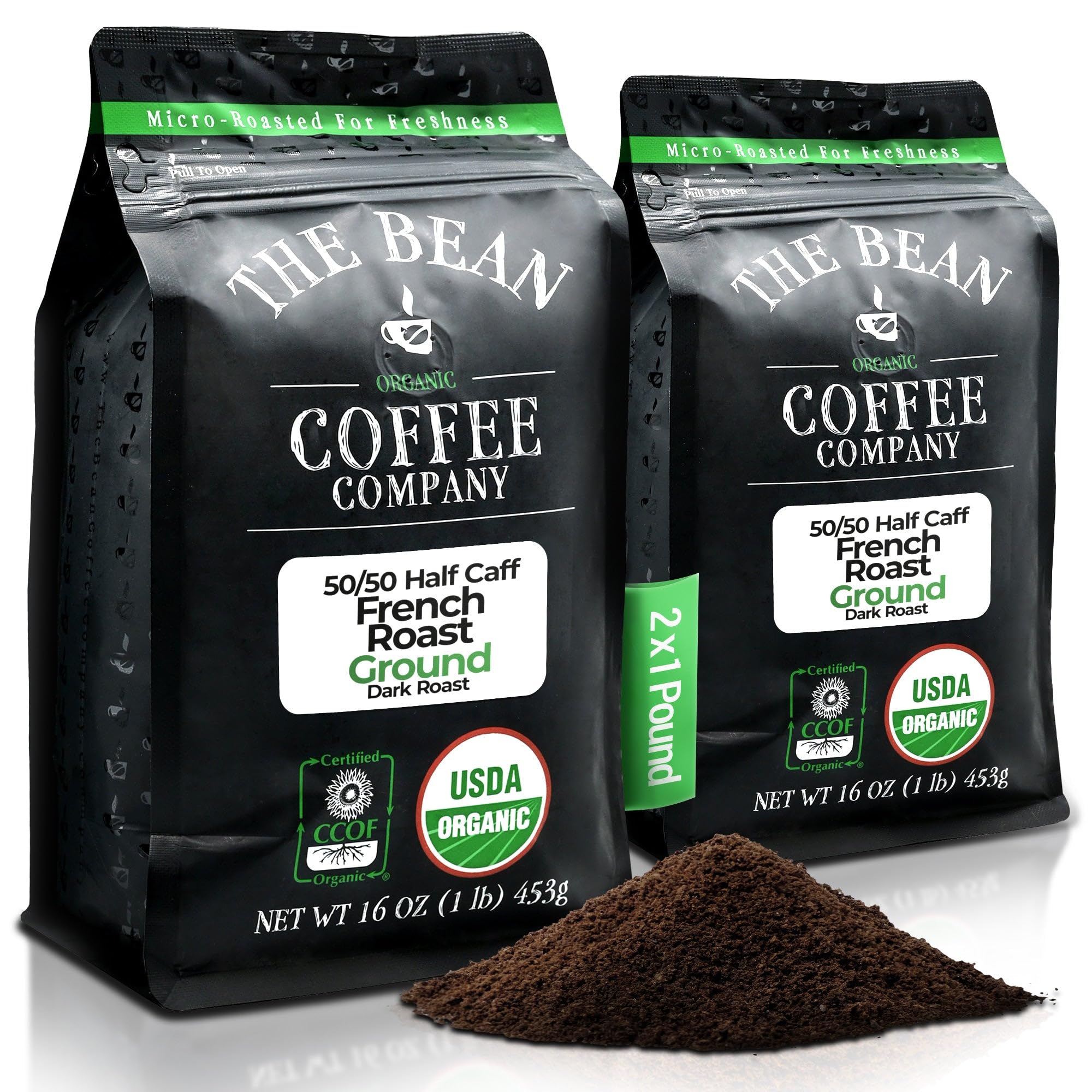 The Bean bag front packaging showing organic half-caff French roast benefit freshness