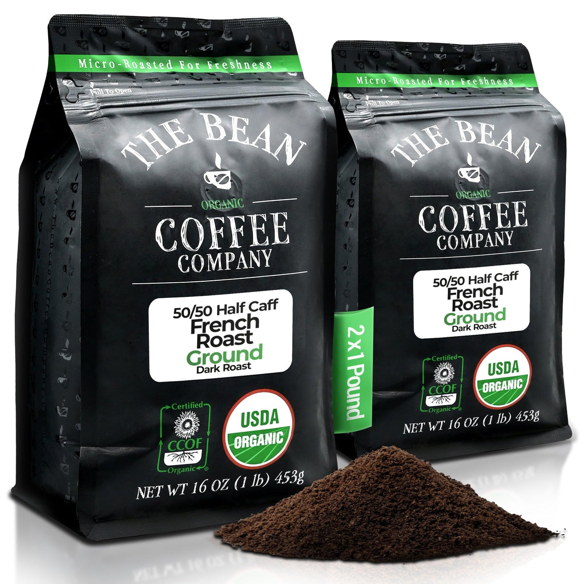 The Bean bag front packaging showing organic half-caff French roast benefit freshness