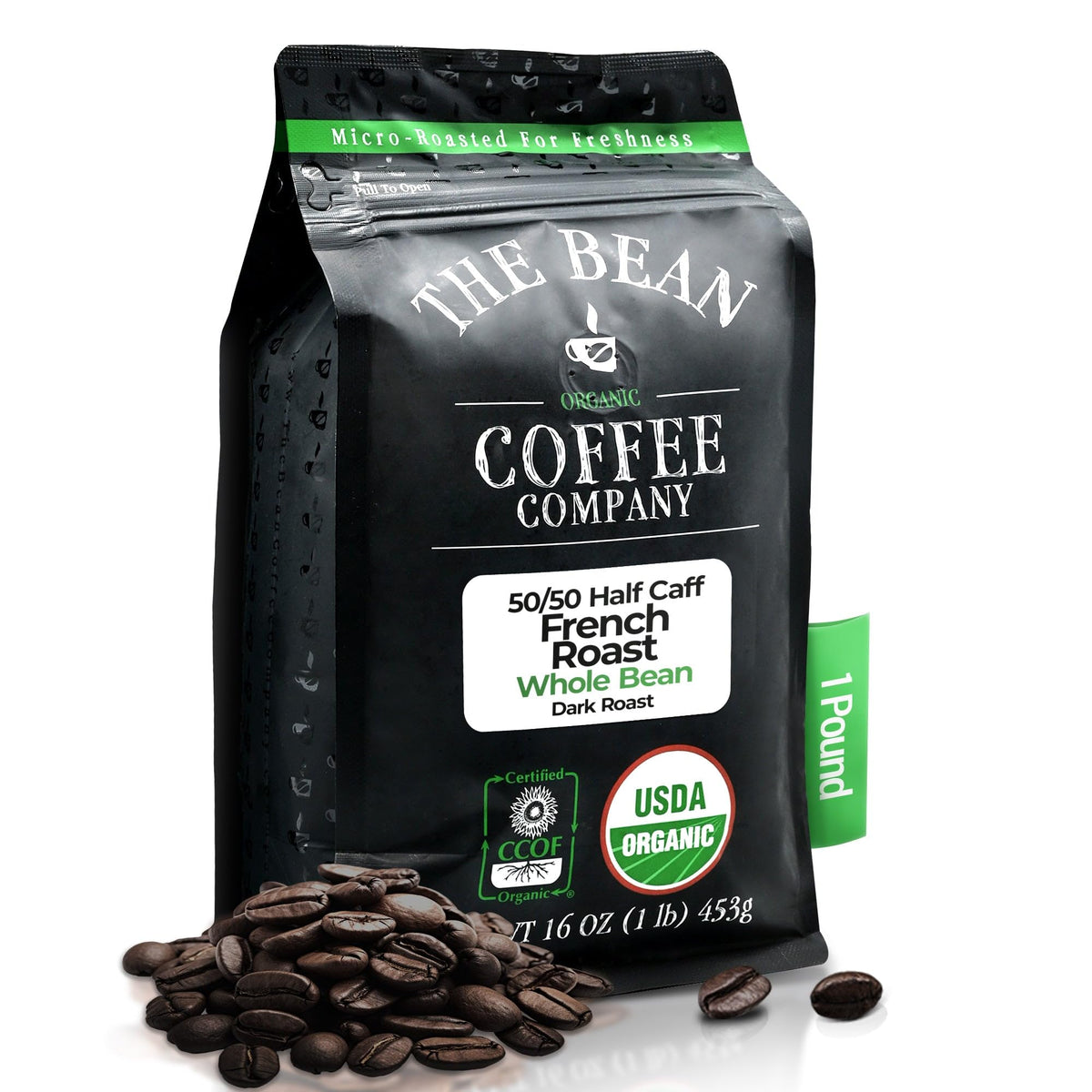 The Bean Coffee Company front packaging showing organic half-caff benefits
