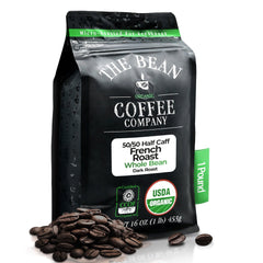 The Bean Coffee Company front packaging showing organic half-caff benefits