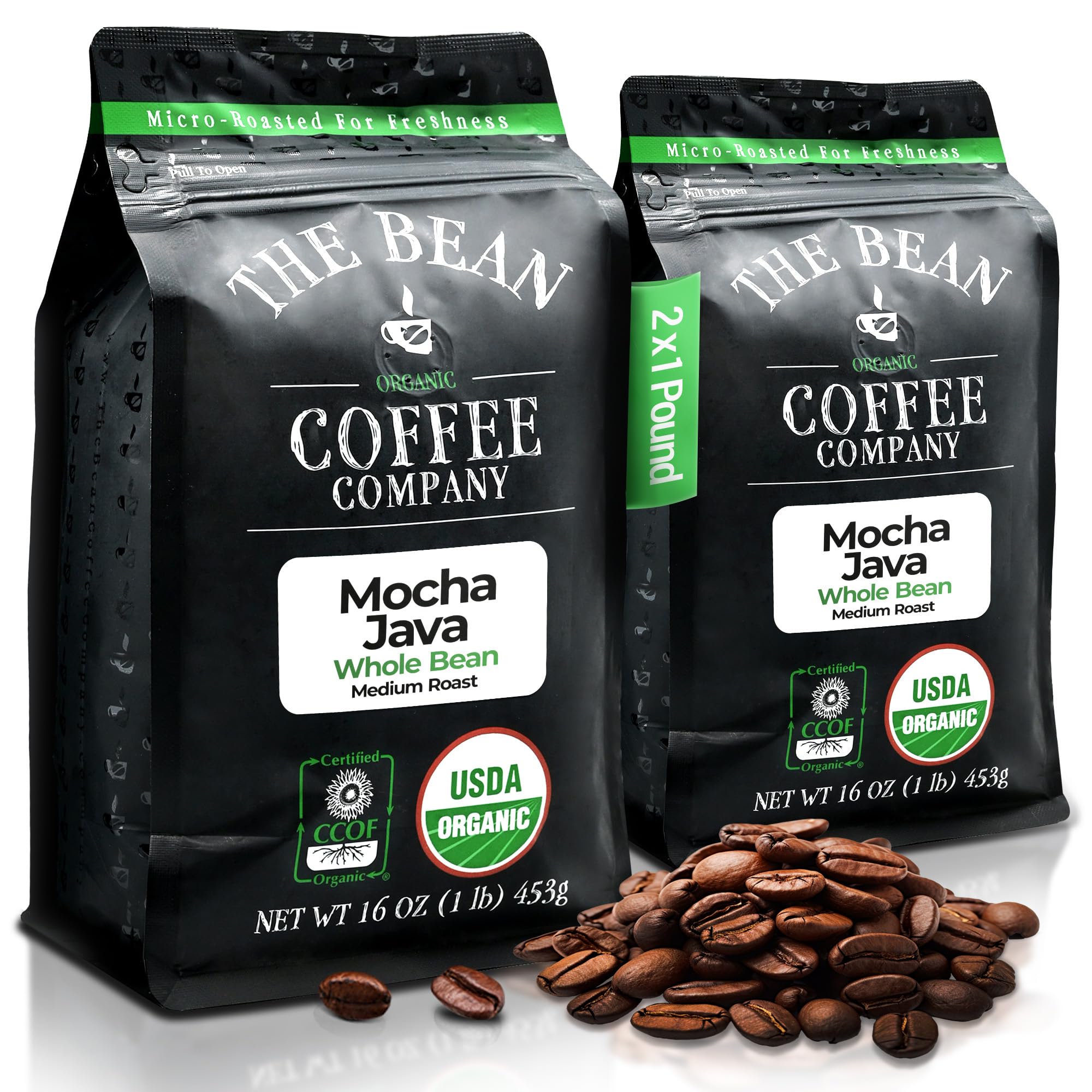 The Bean Coffee Company front packaging showing organic medium roast benefits