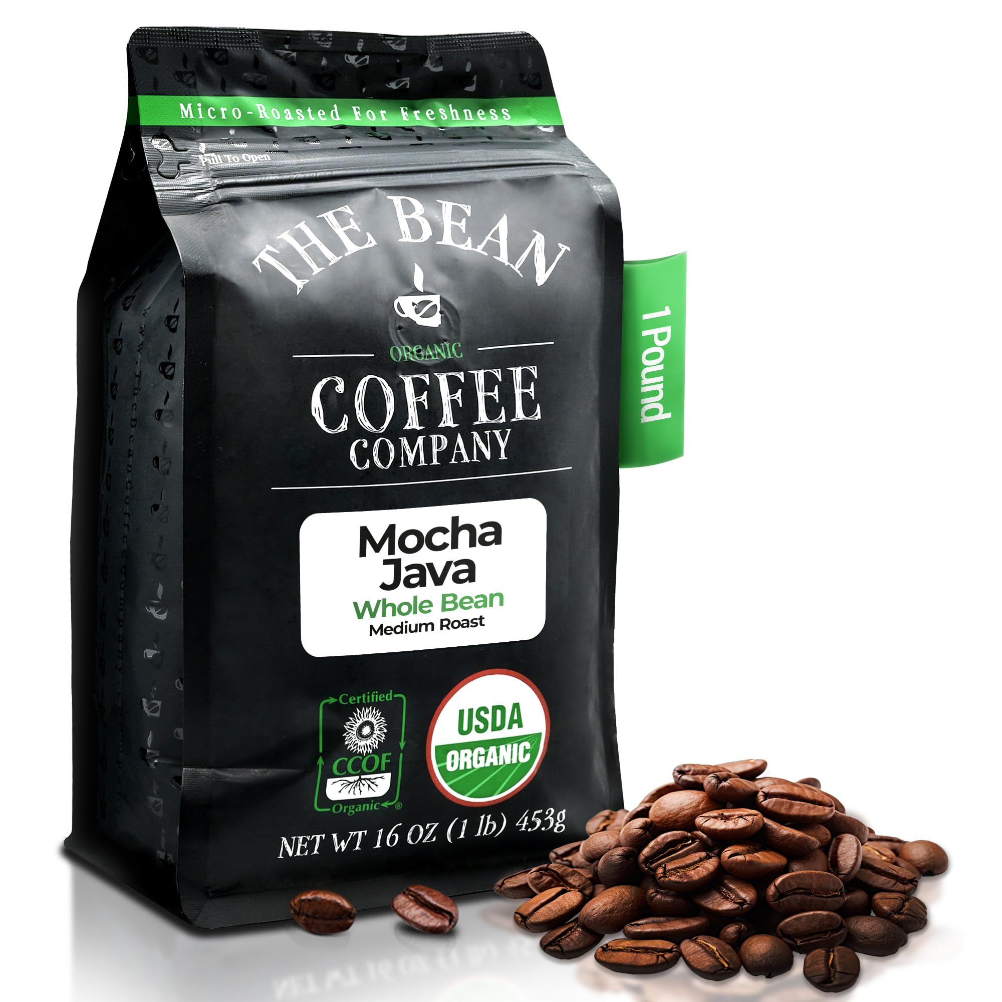 The Bean Coffee Company front packaging showing 16 oz bag and organic badge for freshness