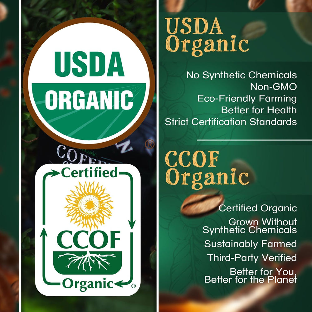 The Bean Coffee Company label close-up showing USDA and CCOF organic certifications