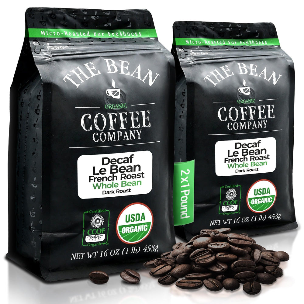 The Bean Coffee Company front packaging showing organic decaf benefits