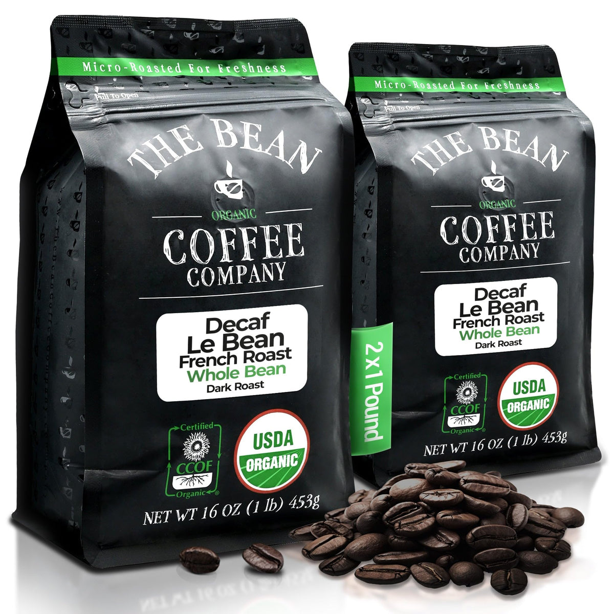 The Bean Coffee Company front packaging showing organic decaf benefits