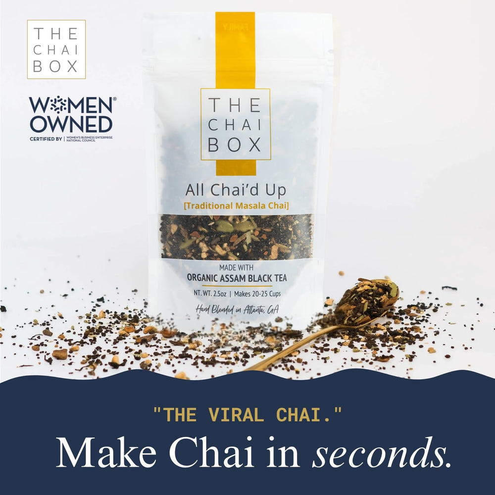 The Chai Box brewed cup steaming on a saucer showcasing warm, comforting aroma