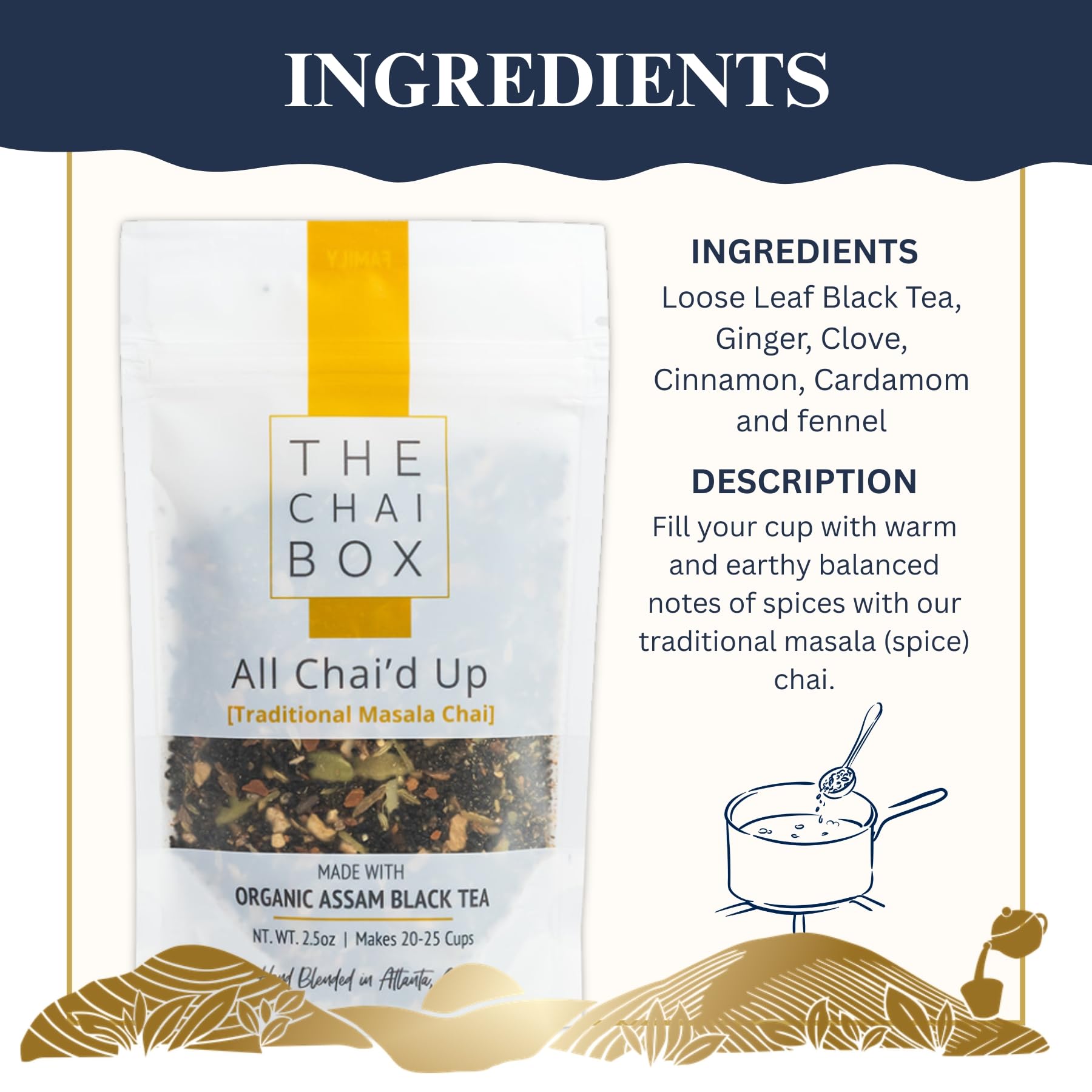 The Chai Box loose-leaf close-up revealing tea and spice texture for fresh flavor
