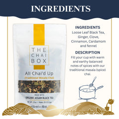 The Chai Box loose-leaf close-up revealing tea and spice texture for fresh flavor
