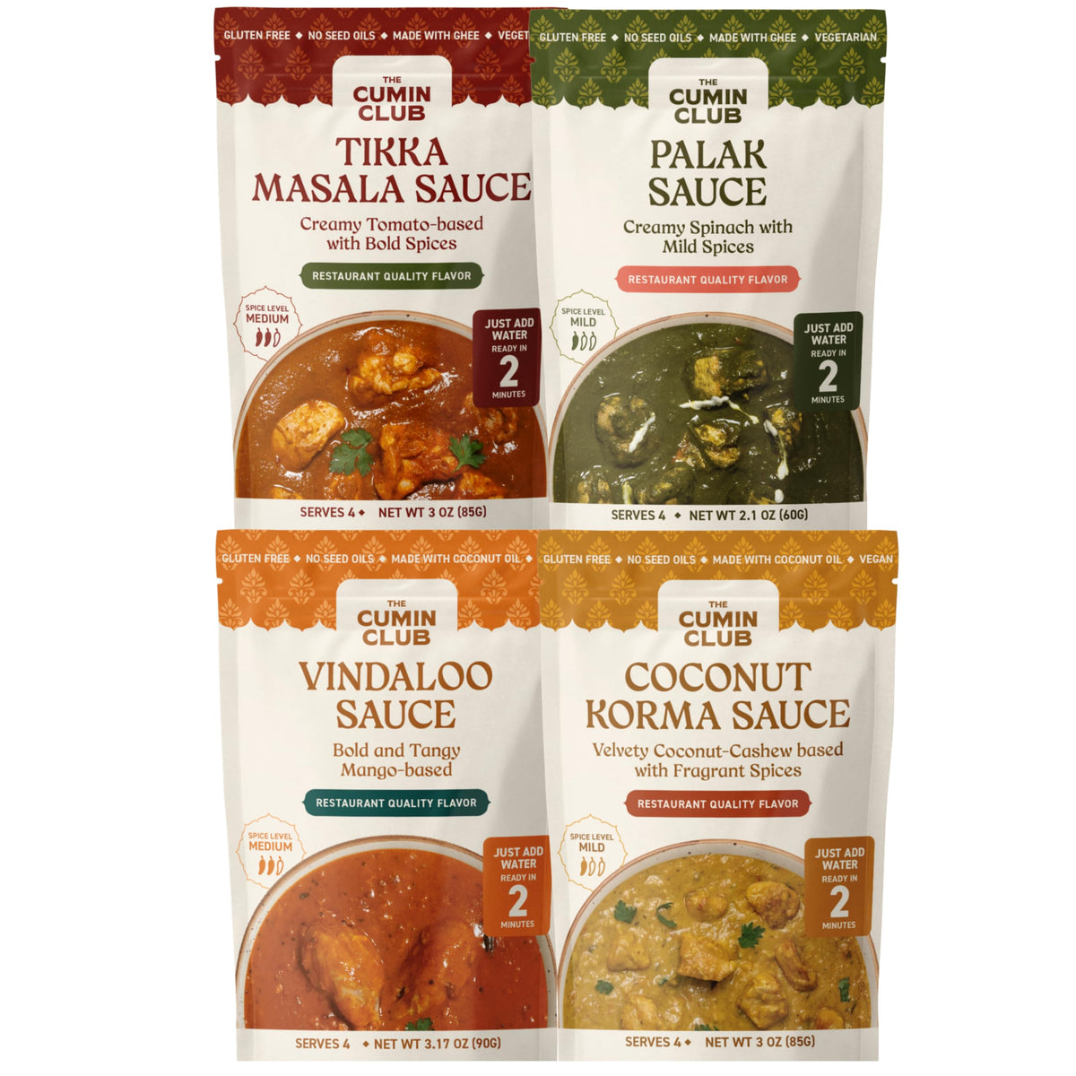 the cumin club front packaging showing four sauce varieties and convenience