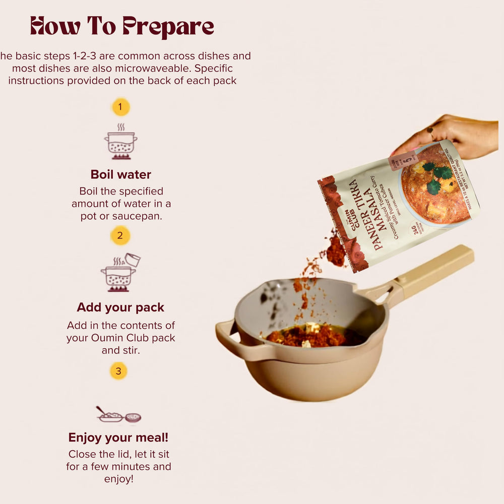 the cumin club reheating pouch in pot illustrating quick five-minute prep