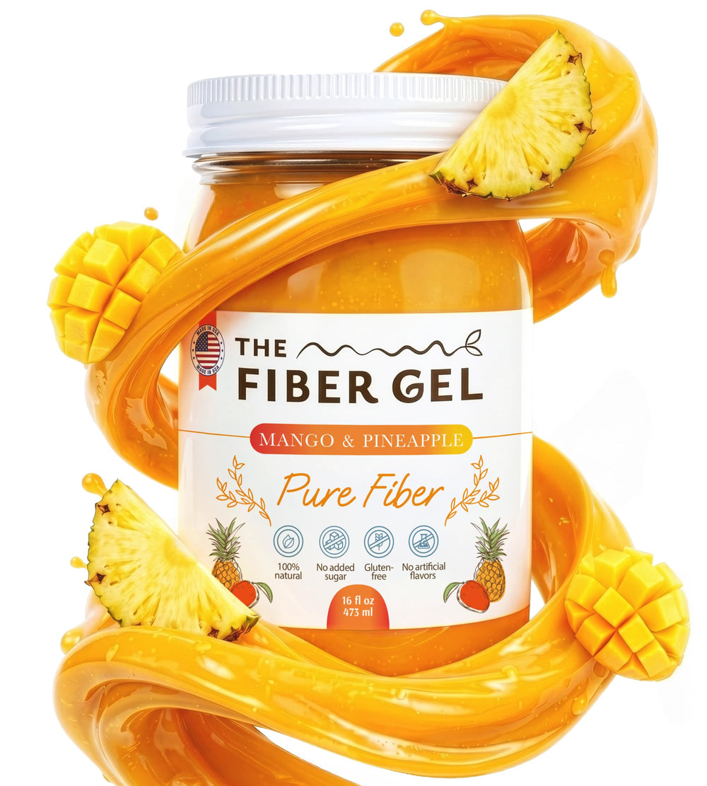 The Fiber Gel jar front view showing mango pineapple flavor and benefit convenience