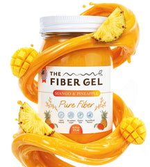 The Fiber Gel jar front view showing mango pineapple flavor and benefit convenience