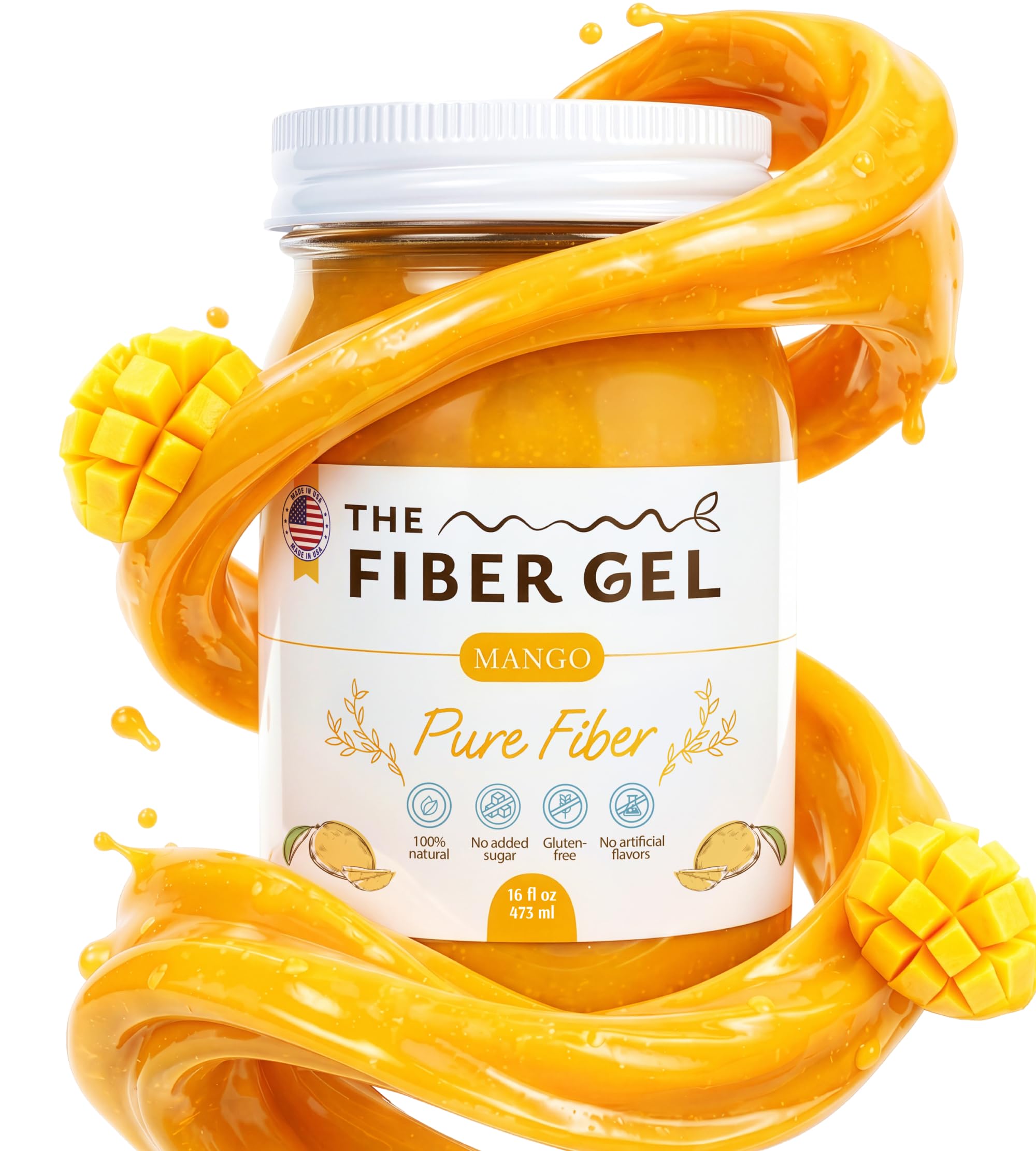 The Fiber Gel front jar showing mango flavor and clean-label benefits