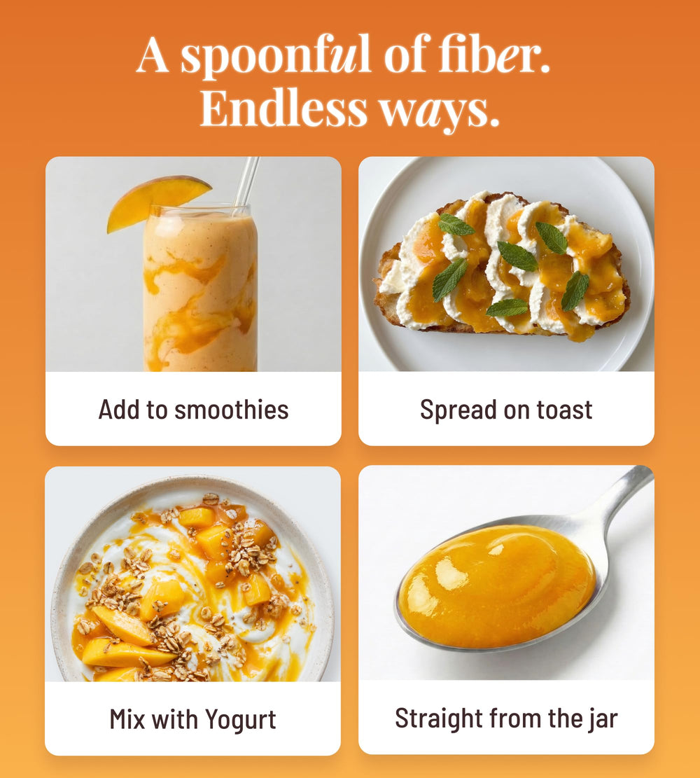 Kitchen counter scene with The Fiber Gel jar among breakfast items