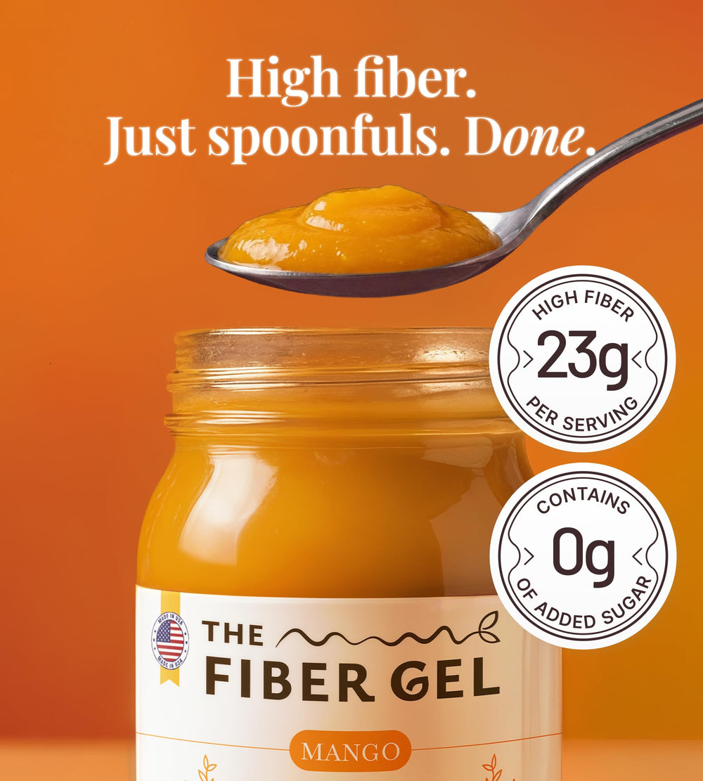 Spoonful of The Fiber Gel mango gel ready to eat, convenient serving
