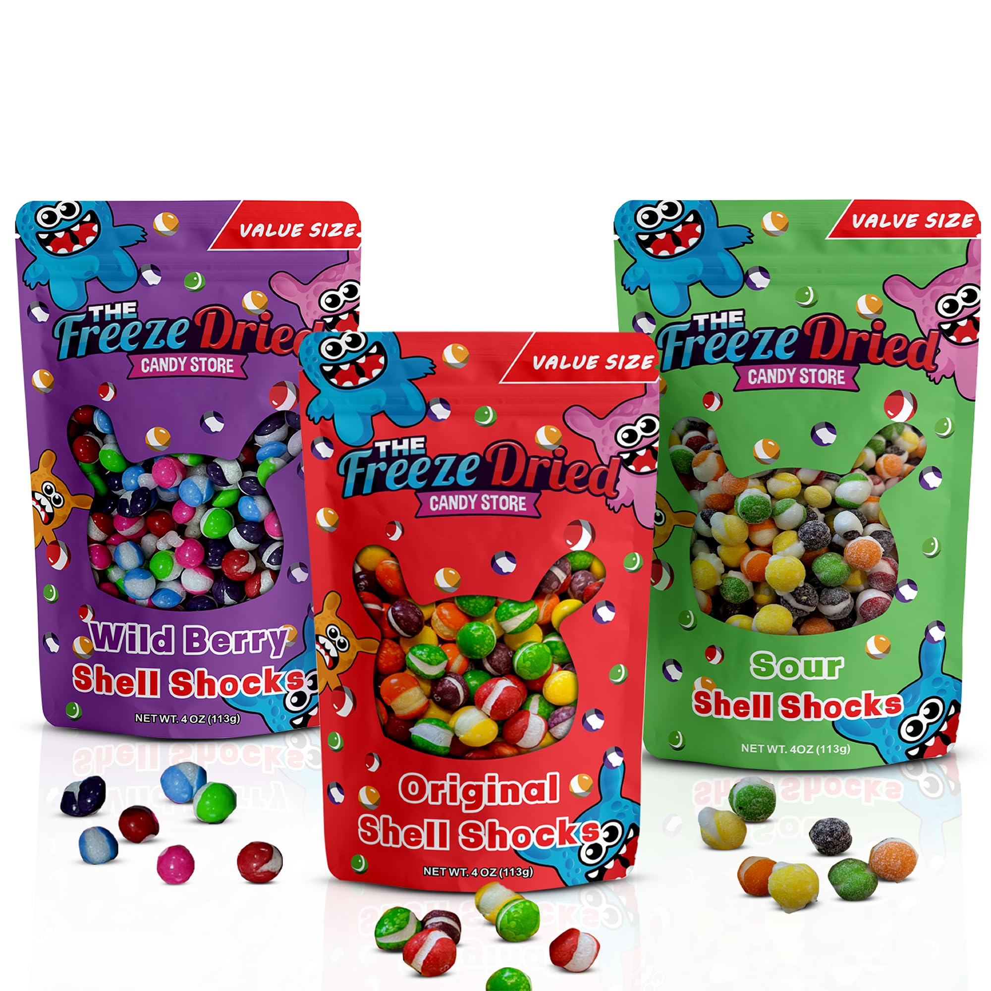 The Freeze Dried Candy Store front packaging showing three resealable 4 oz bags for convenience