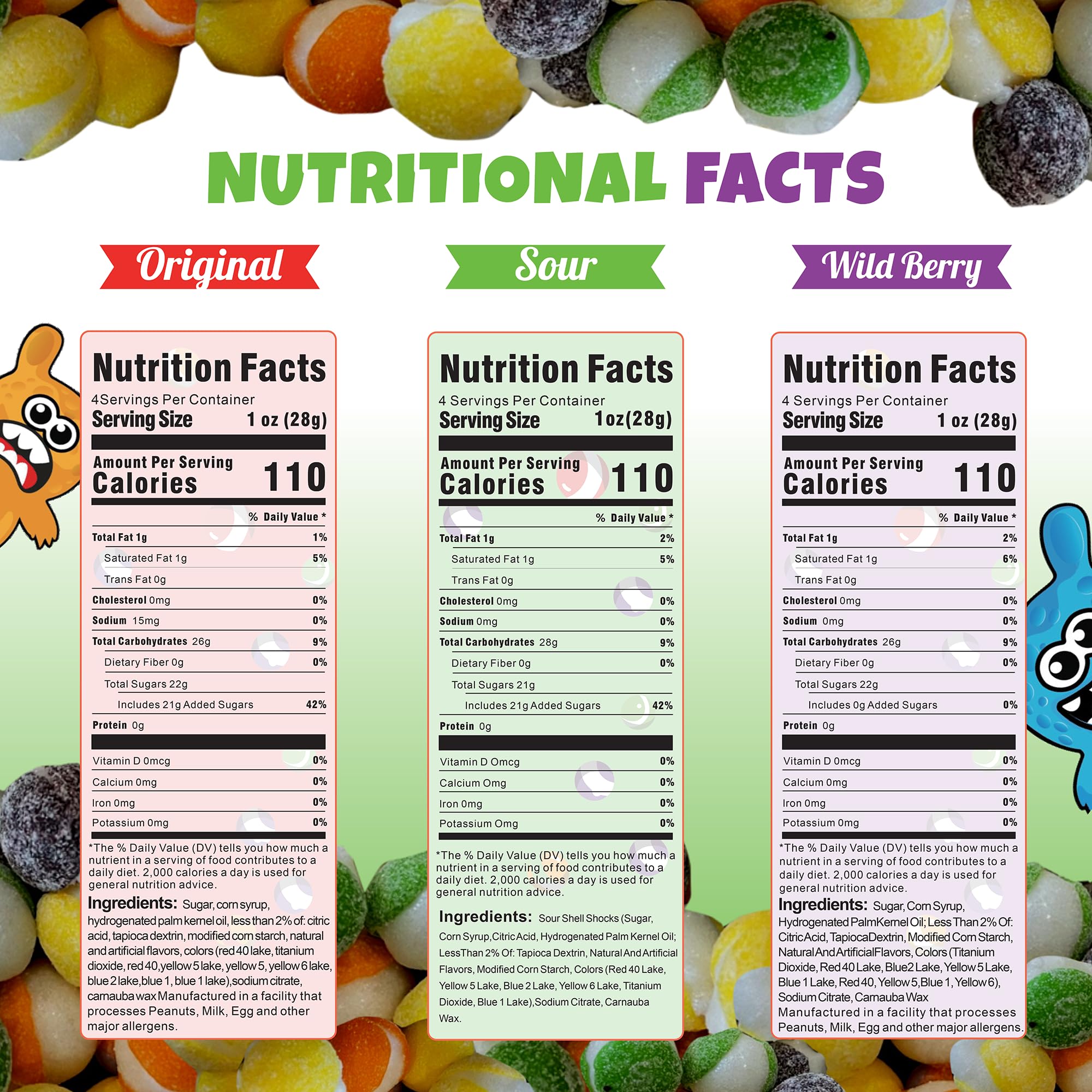 The Freeze Dried Candy Store three flavors arranged to show Original, Sour, Wild Berry variety