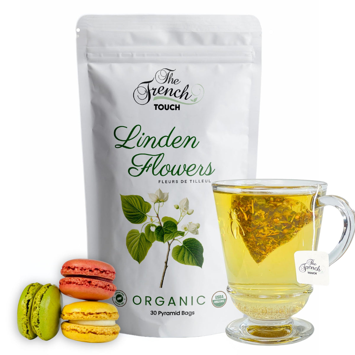 The French Touch front packaging showing organic linden tea and quantity benefits