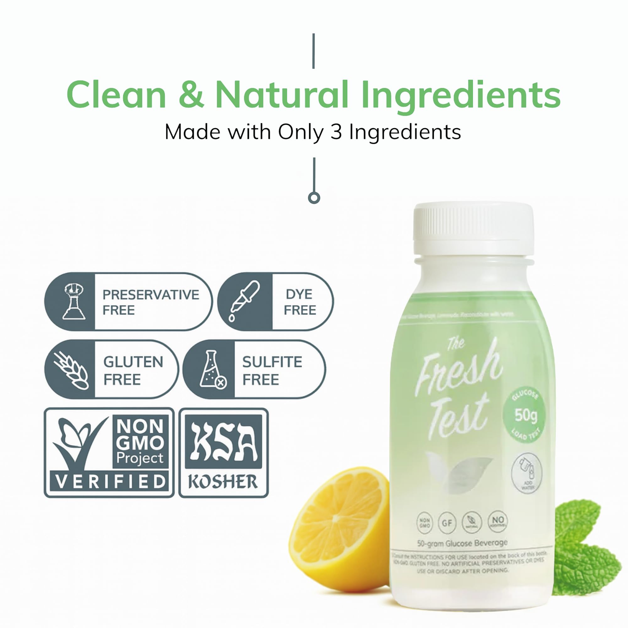 Detailed shot of The Fresh Test label, showing organic, non-GMO and additive-free claims clearly