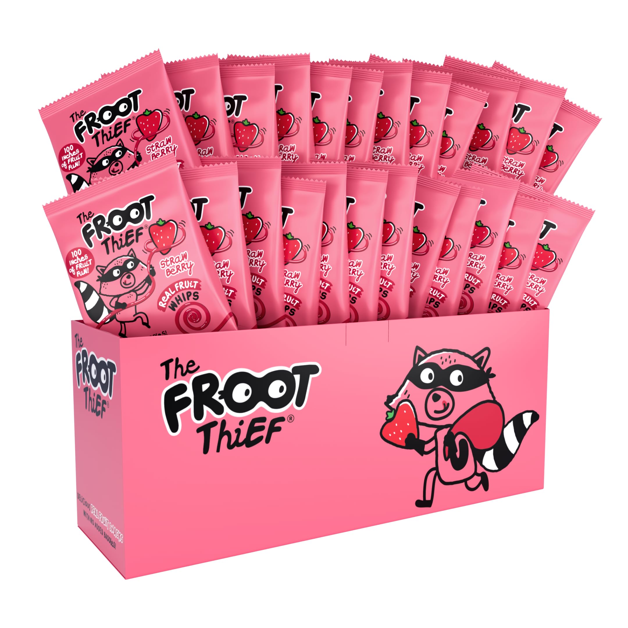 THE FROOT THIEF front pack showing 24 individually wrapped strawberry whips, convenient for lunches