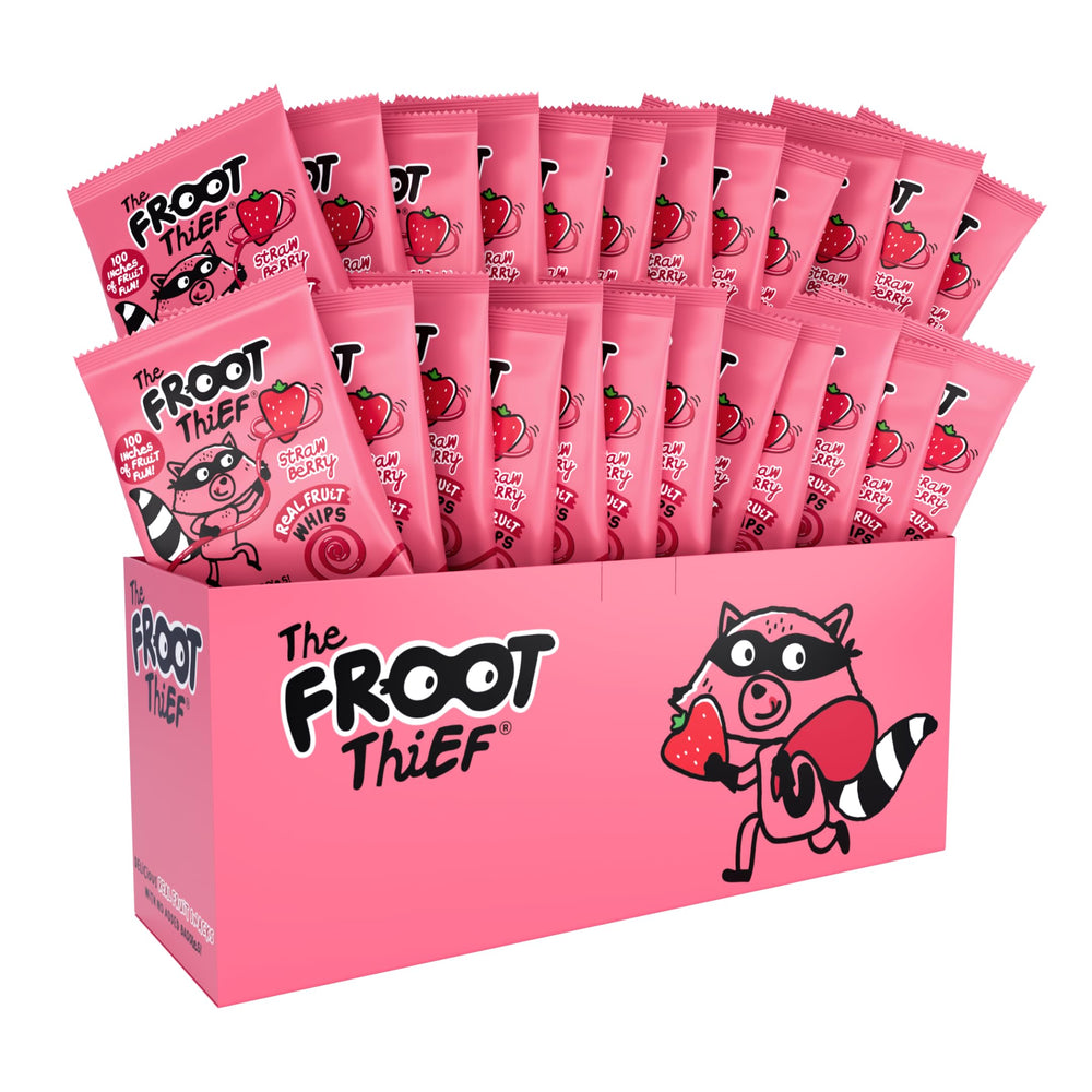 THE FROOT THIEF front pack showing 24 individually wrapped strawberry whips, convenient for lunches