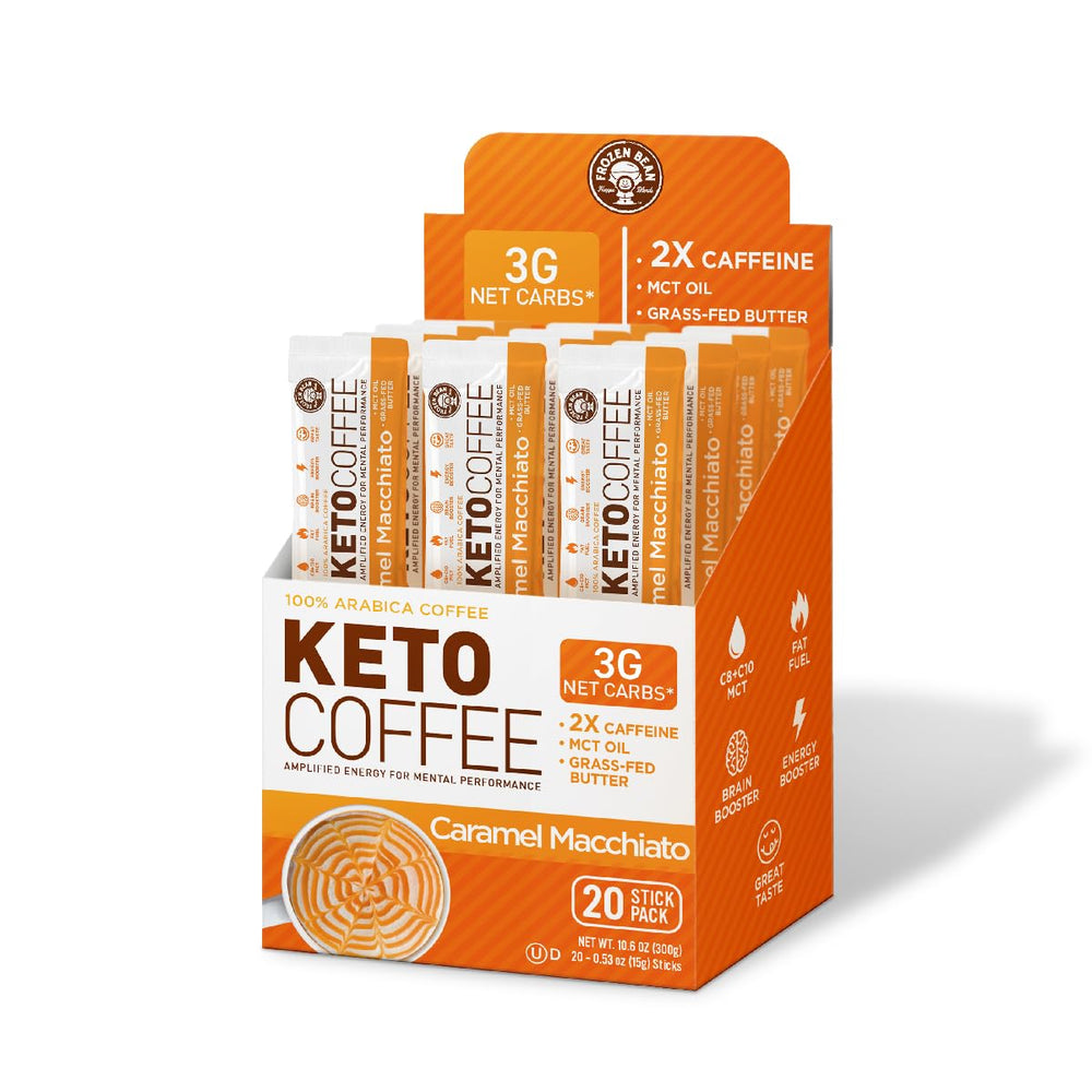 The Frozen Bean front packaging showing 20 keto caramel macchiato sticks and brand label for easy identification