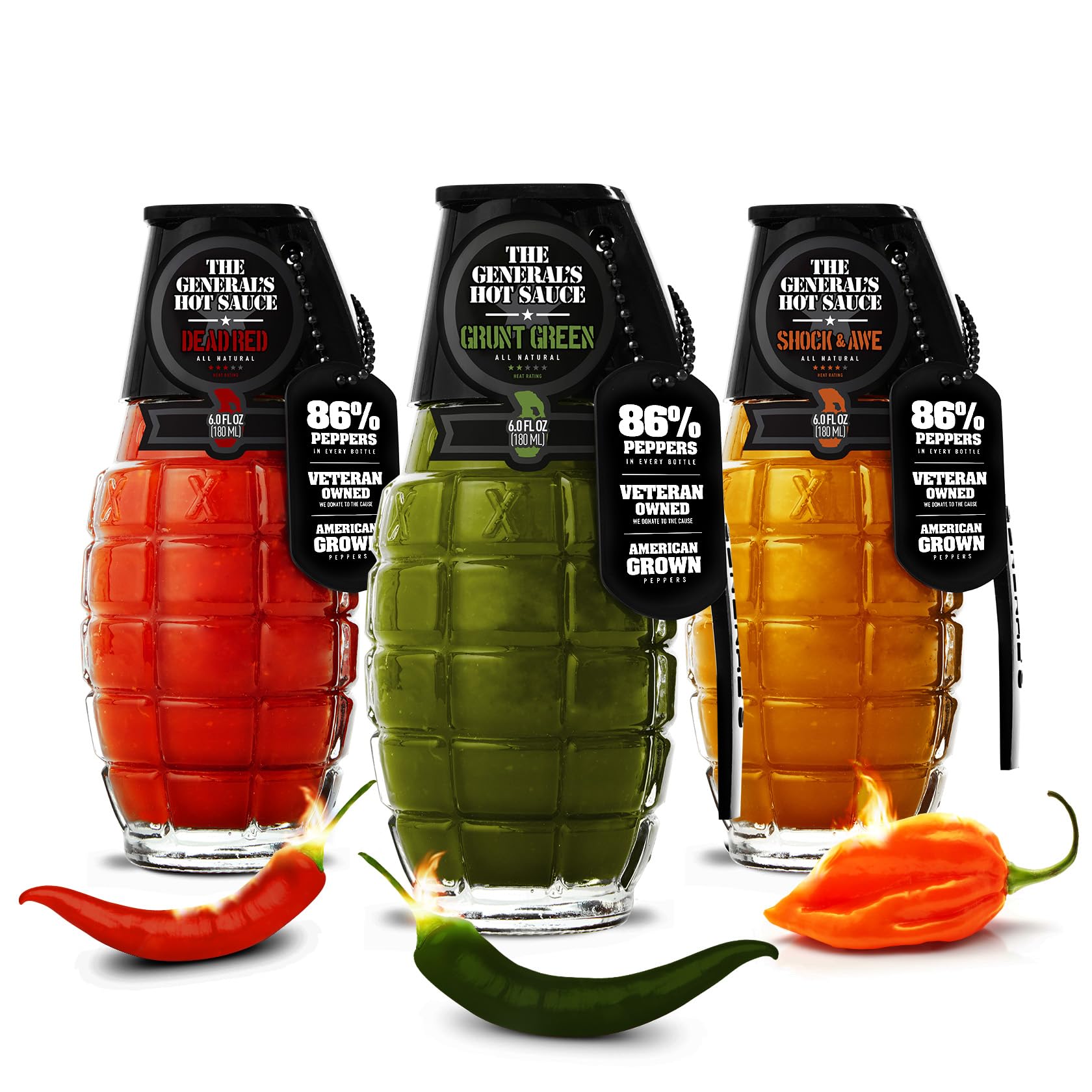 The General's Hot Sauce front packaging showing three collectible bottles and gift appeal