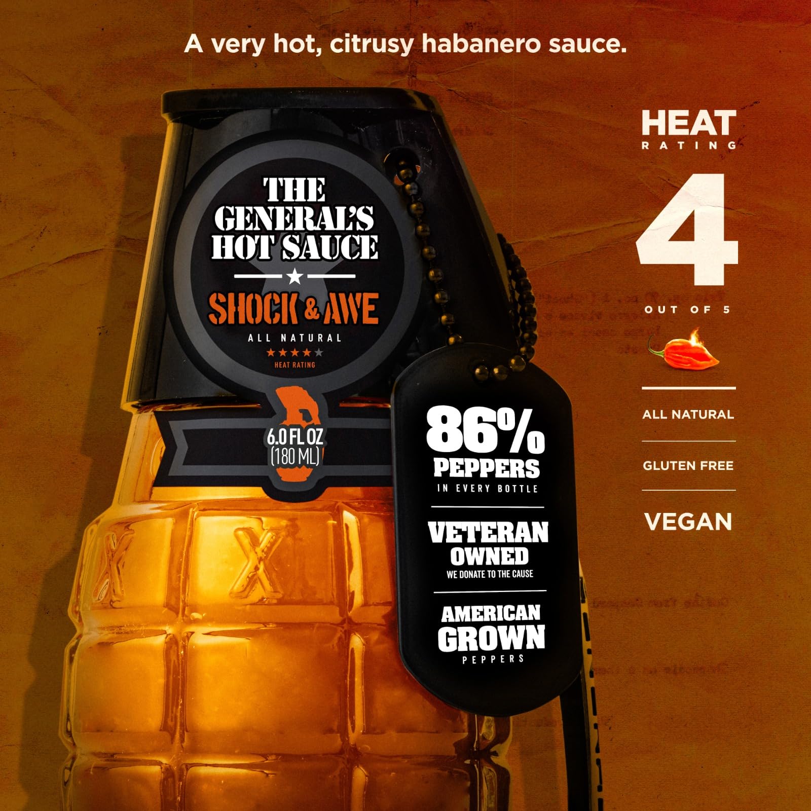 The General's Hot Sauce label and metal dog tag highlighting brand story and collectible benefit