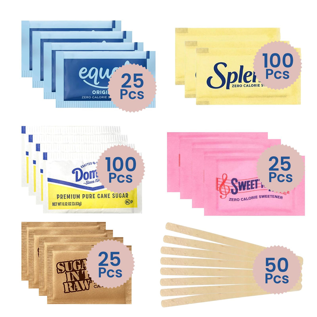 The Generous Miner front packaging showing assorted sugar packets and wooden stirrers for easy serving