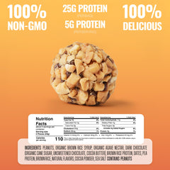 The GFB bite cross-section showing dark chocolate center and peanut pieces delivering protein