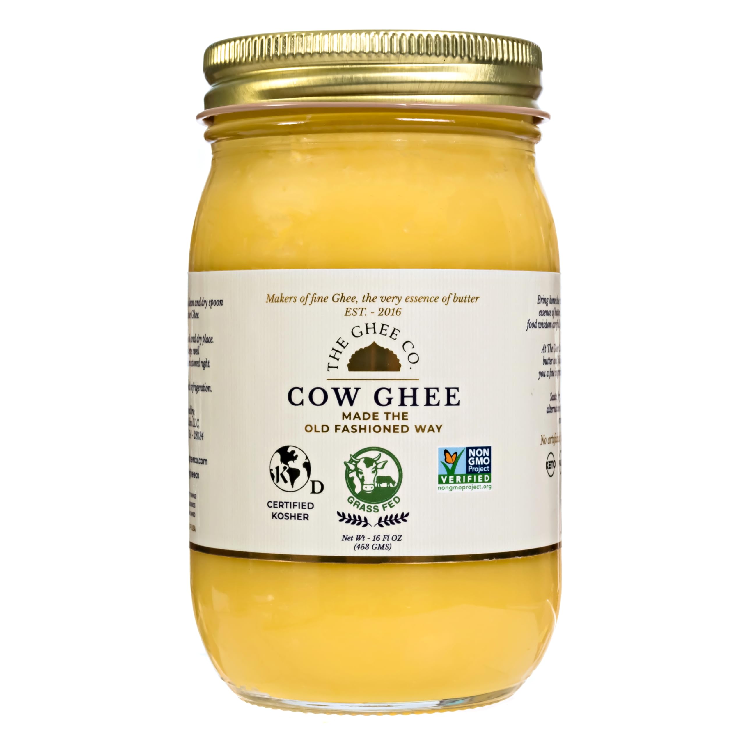 The Ghee Co. glass jar front view showing golden ghee and clear label for quality