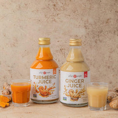 The Ginger People turmeric juice label close-up showing earthy color and ingredients