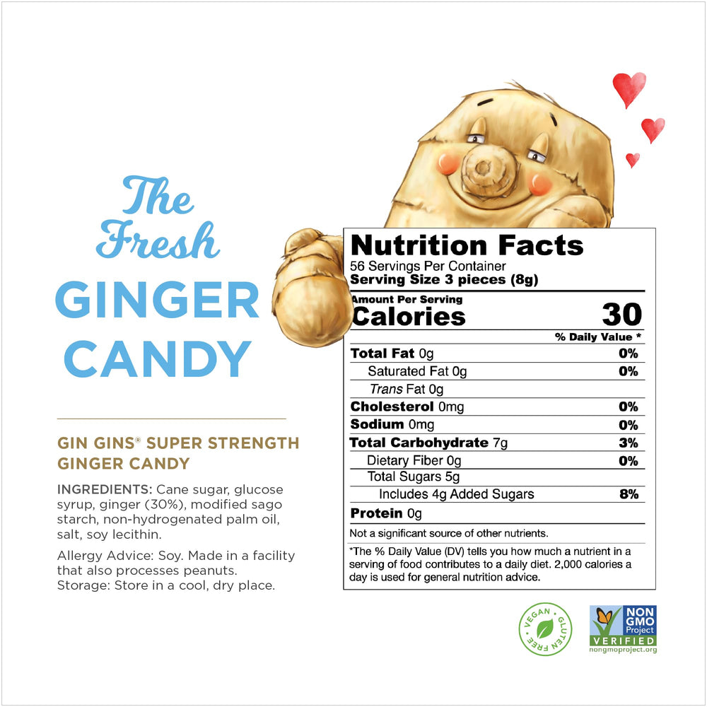 The Ginger People candy held in hand to show size and portable convenience