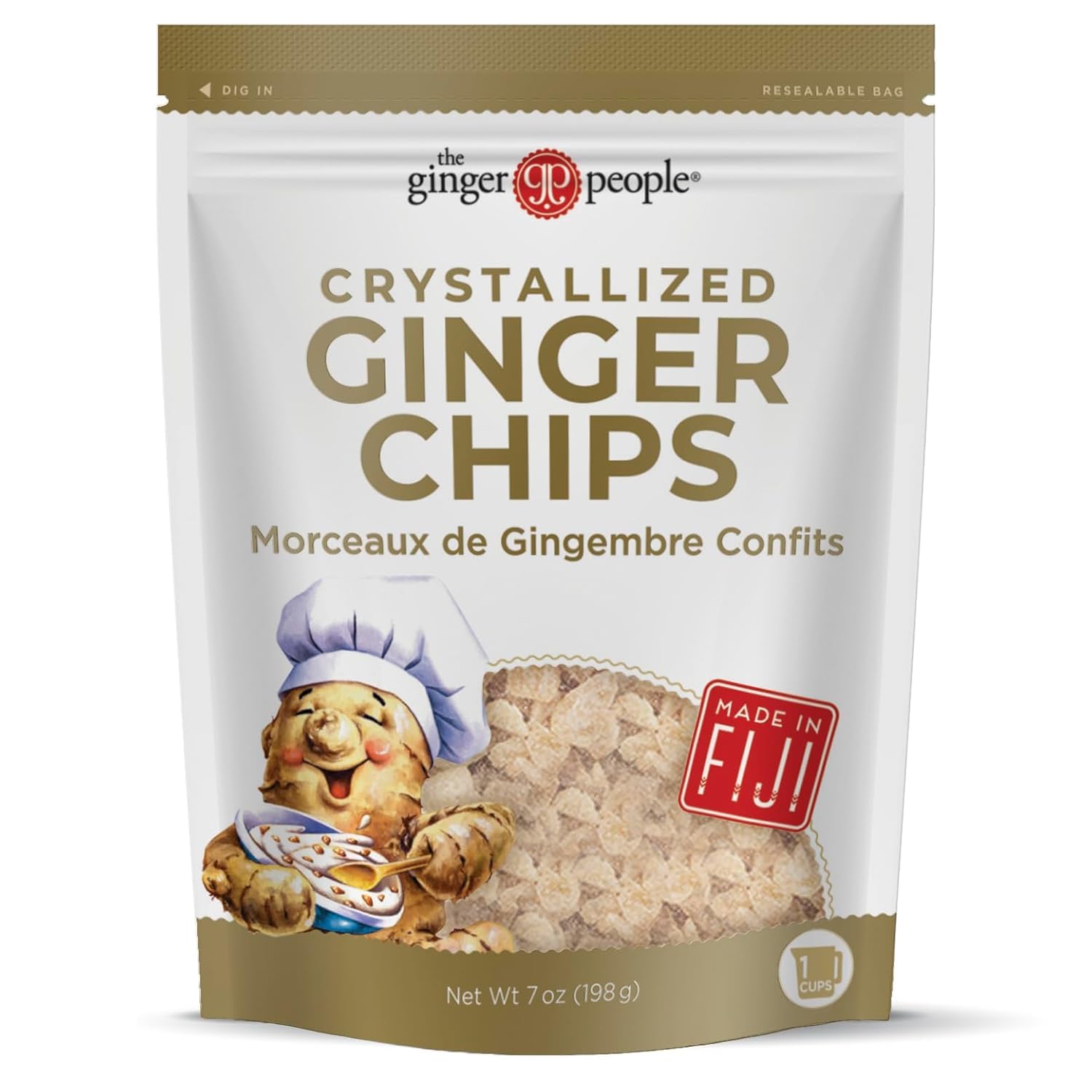 The Ginger People close-up of crystallized ginger chips texture, chewy sweet crunch