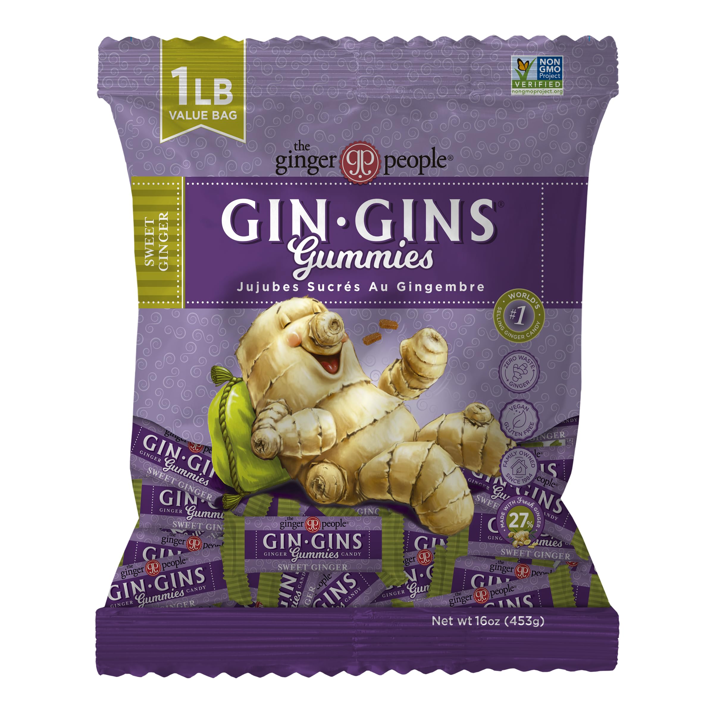 The Ginger People front packaging showing 1 lb gin gins for bold flavor