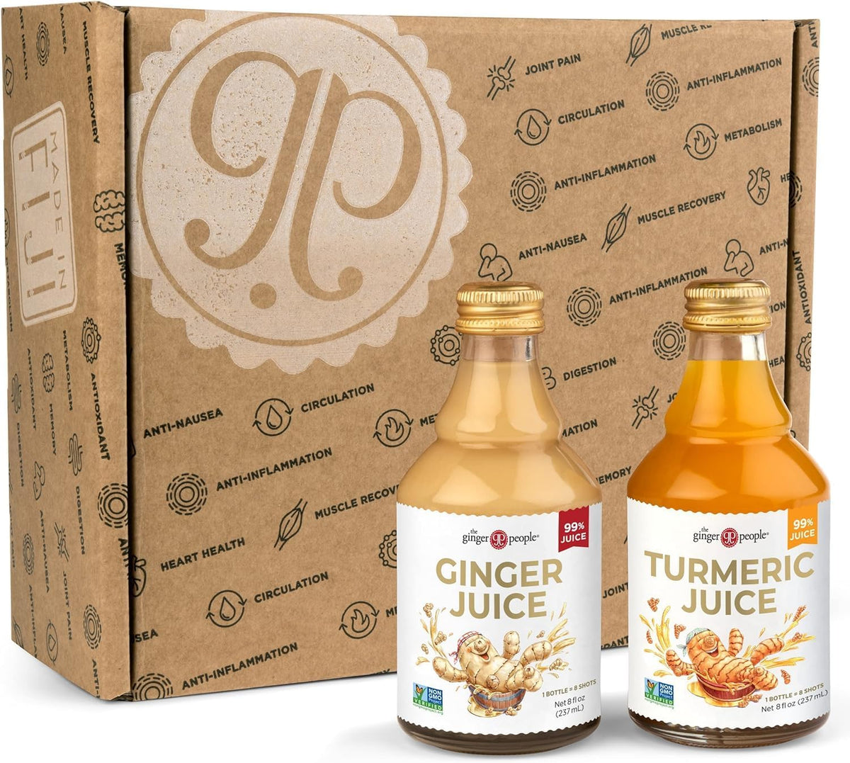 The Ginger People front packaging shows both ginger and turmeric bottles and clear benefits
