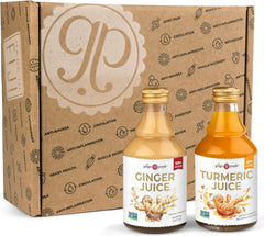 The Ginger People front packaging shows both ginger and turmeric bottles and clear benefits