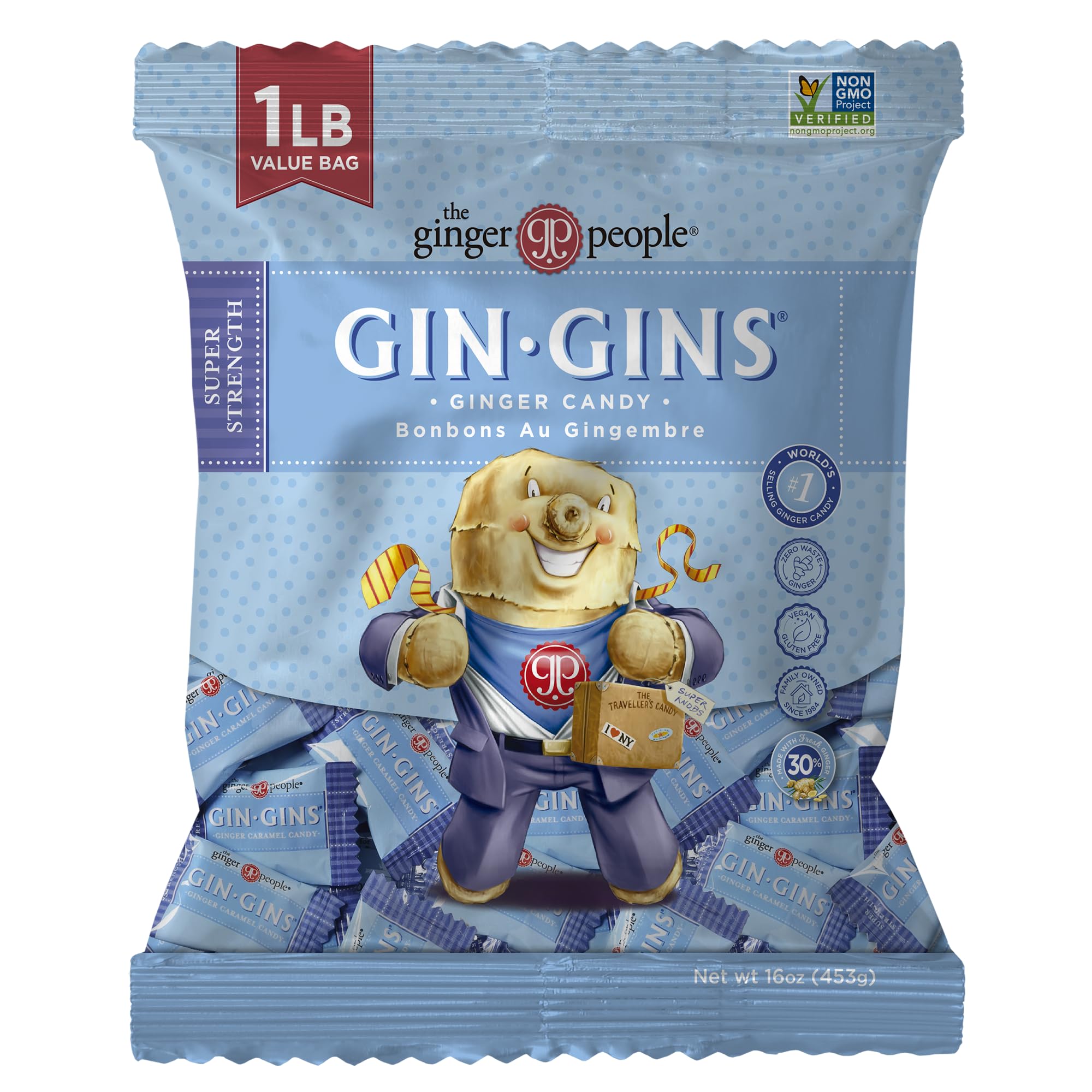 The Ginger People front pouch showing branding and 1 lb size for bold ginger snack
