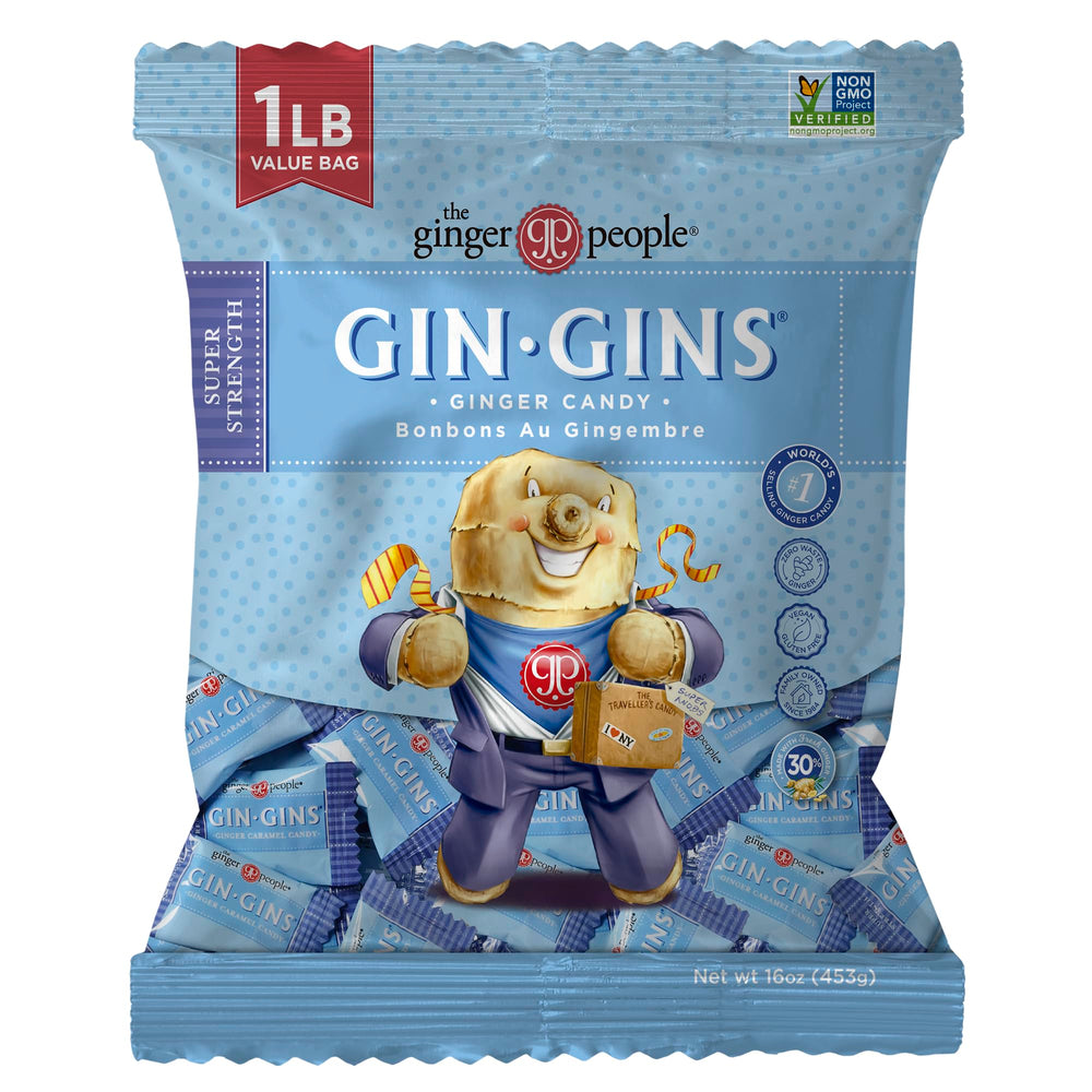 The Ginger People front pouch showing branding and 1 lb size for bold ginger snack