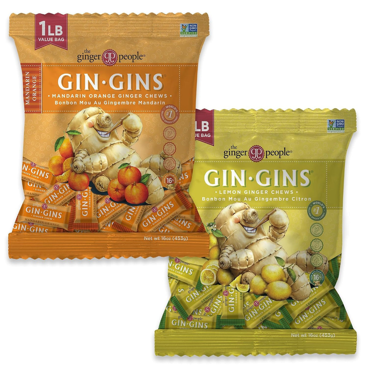 The Ginger People GIN GINS variety pack front view showing two 8-ounce bags for convenience